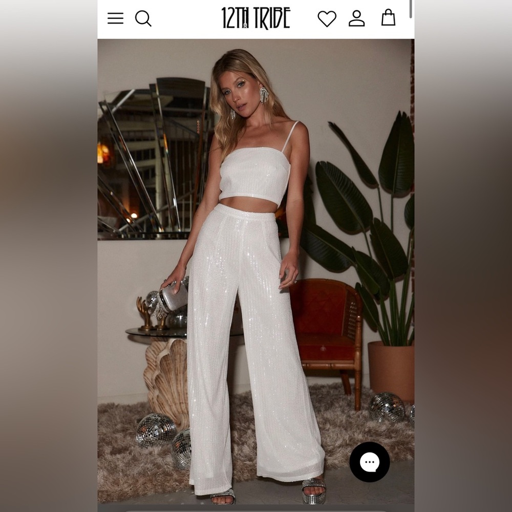 12th Tribe White Sequin Wide Leg Pants